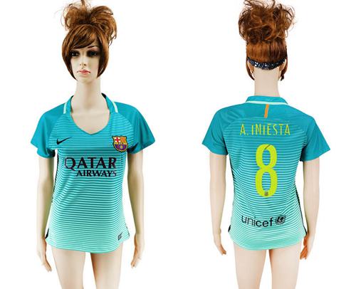 Women's Barcelona #8 A.Iniesta Sec Away Soccer Club Jersey - Click Image to Close